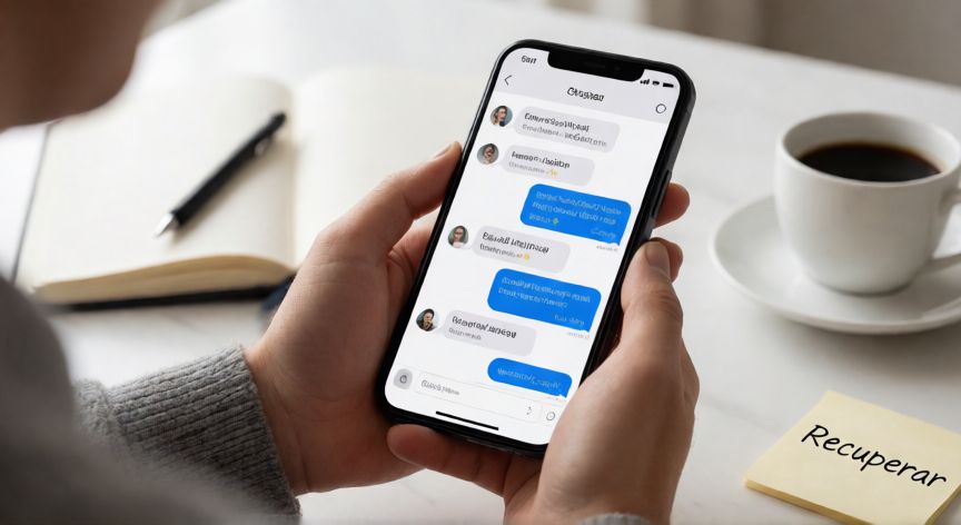 como encontrar whatsapp eliminados, Persona revisando una app de mensajería en el móvil para buscar conversaciones eliminadas