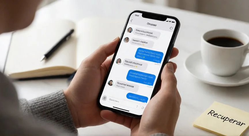 Persona revisando una app de mensajería en el móvil para buscar conversaciones eliminadas