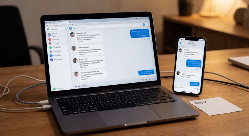 como encontrar whatsapp eliminados, Móvil y portátil en un escritorio mostrando una sesión de mensajería para revisar chats