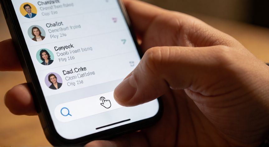 como encontrar whatsapp ocultos, Mano usando la función de búsqueda en una aplicación de mensajería en un teléfono