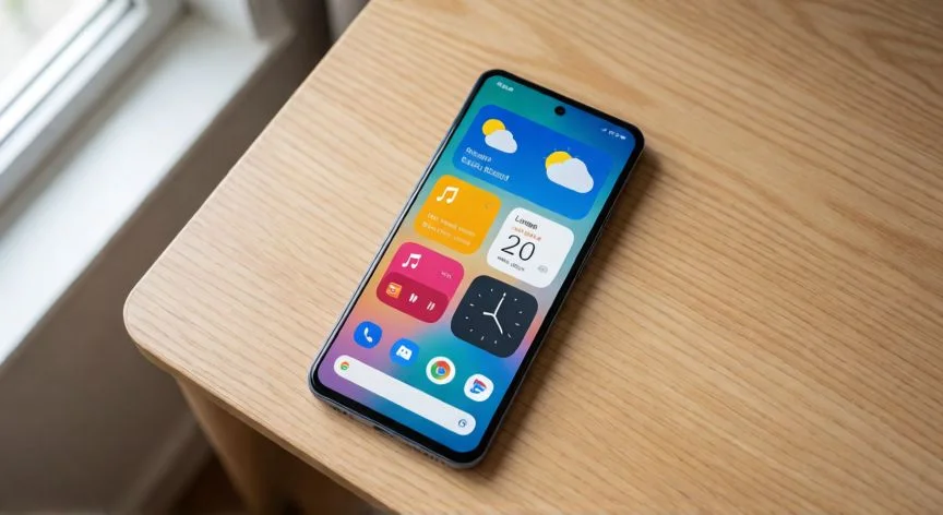 Pantalla de inicio de un teléfono Android con varios widgets de clima, calendario y música colocados en la pantalla principal