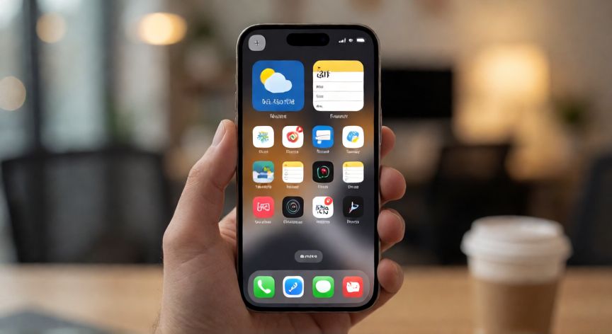 como encontrar widgets en mi celular, Mano sosteniendo un iPhone mostrando el catálogo de widgets disponibles con el botón de añadir visible en la esquina superior