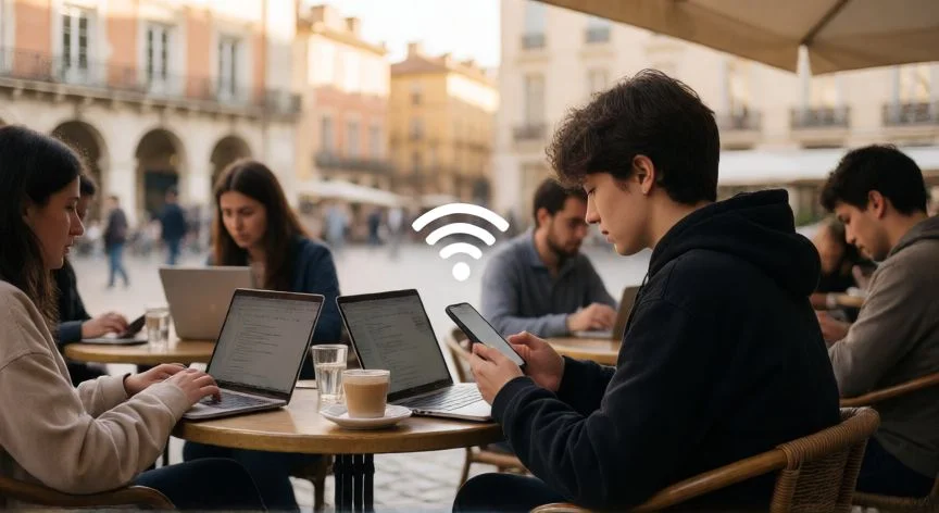 Persona conectándose a WiFi gratuito en una cafetería al aire libre