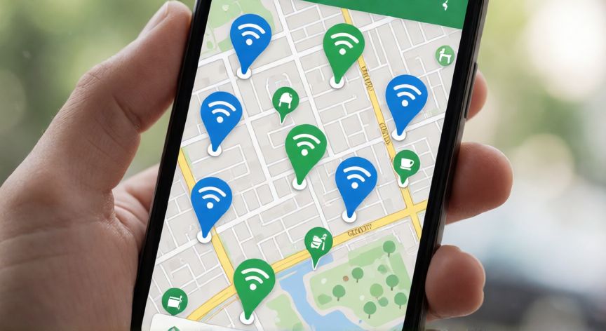 como encontrar wifi gratis, Mapa móvil mostrando puntos de WiFi gratuito en una ciudad