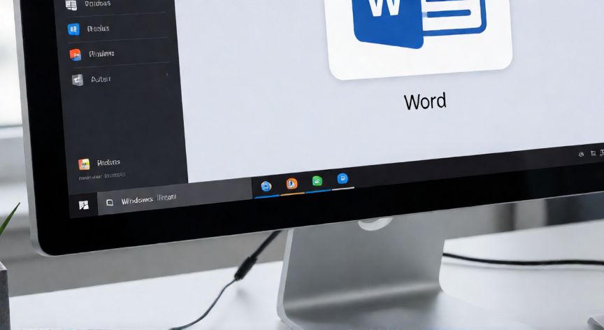 como encontrar word en la computadora, Pantalla de computadora mostrando la búsqueda de Word en el menú Inicio de Windows