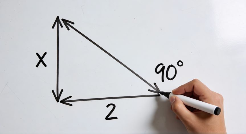como encontrar x en un triangulo, Triángulo rectángulo en una pizarra con un lado marcado como x y un ángulo de 90 grados.