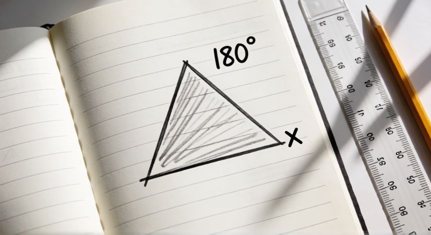 como encontrar x en un triangulo, Cuaderno con un triángulo dibujado, regla, lápiz y la incógnita x en un ángulo.
