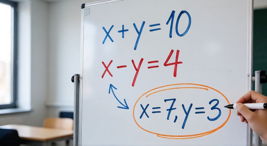 como encontrar x y y en una ecuacion, Pizarra con sistema de ecuaciones x+y=10 y x-y=4 resuelto por suma y resta