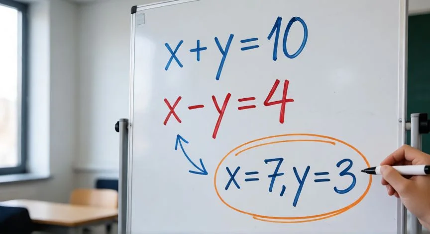 Pizarra con sistema de ecuaciones x+y=10 y x-y=4 resuelto por suma y resta
