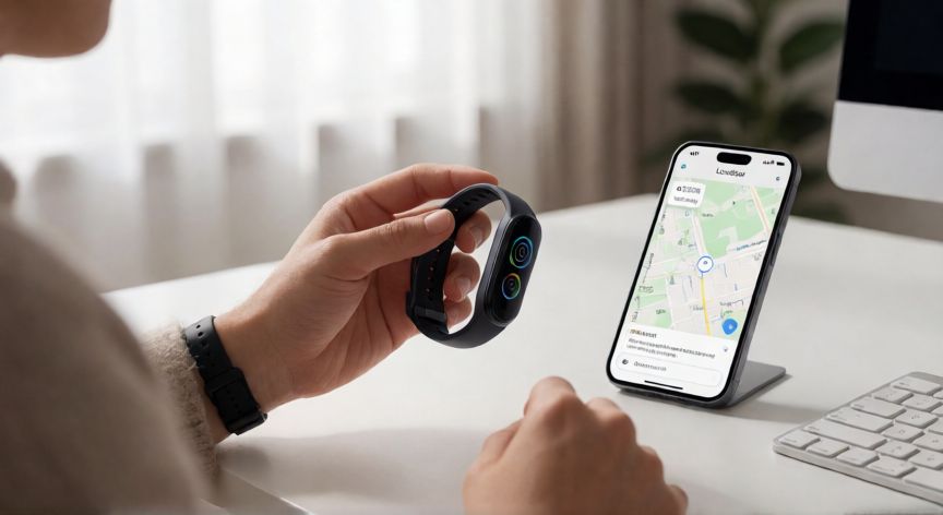 como encontrar xiaomi band 9, Persona buscando una Xiaomi Band 9 perdida junto a un teléfono con mapa de localización