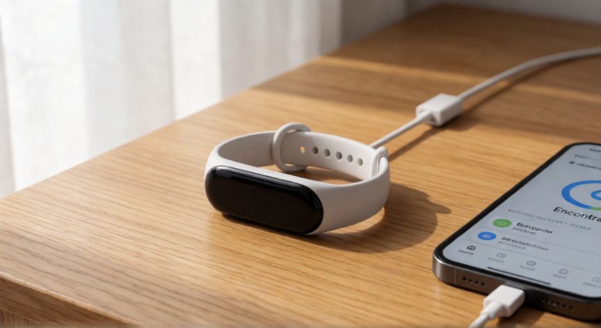 como encontrar xiaomi band 9, Pulsera inteligente Xiaomi Band 9 sobre una mesa junto a un teléfono con app de localización
