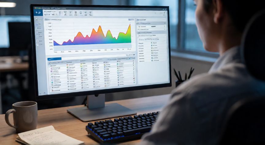 como encontrar y controlar la actividad web y de aplicaciones, Person monitoring network activity and application connections on a dashboard
