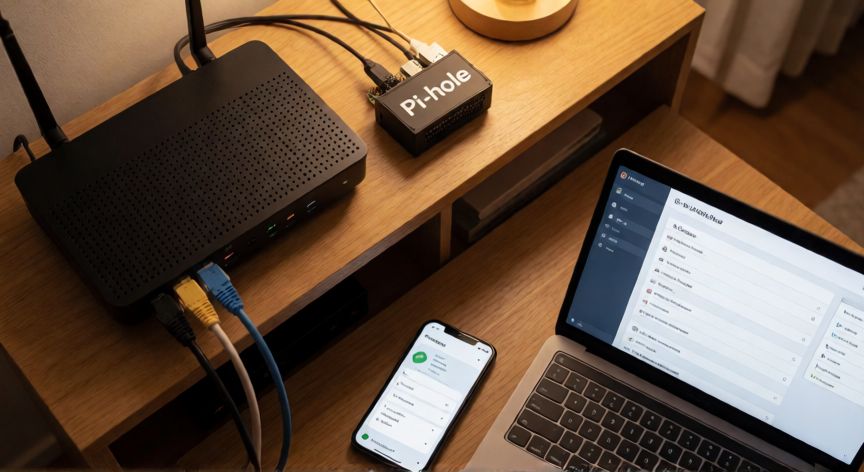 como encontrar y controlar la actividad web y de aplicaciones, Home network setup with router and Pi-hole DNS filter for controlling web activity