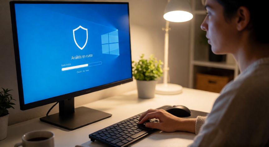 como encontrar y eliminar virus de mi pc, Persona analizando su PC con Windows Defender mostrando progreso de escaneo en pantalla