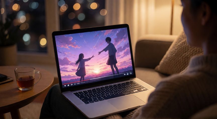 como encontrar your name en crunchyroll, Persona viendo una película de anime en su portátil desde el sofá por la noche