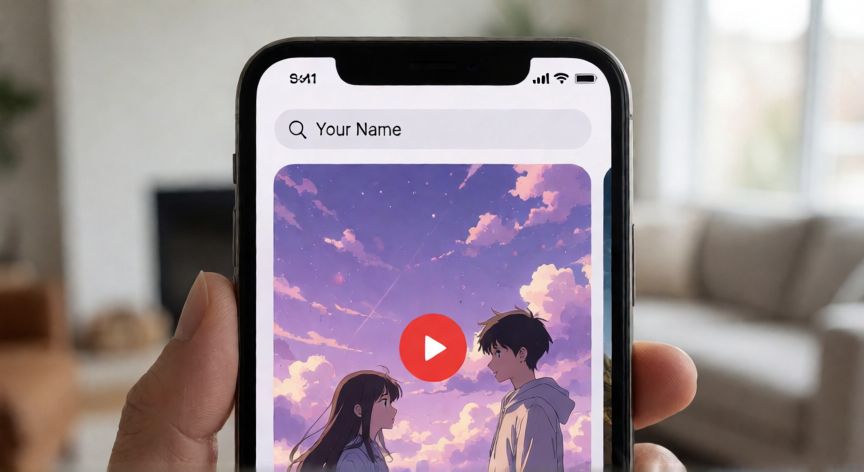 como encontrar your name en crunchyroll, Teléfono móvil mostrando la búsqueda de la película Your Name en una app de streaming