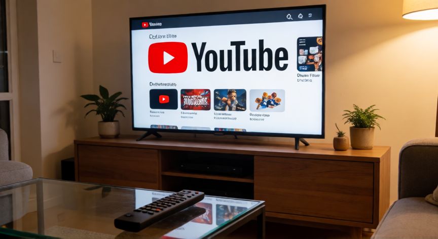 como encontrar youtube en la tv, Smart TV mostrando la aplicación de YouTube en un salón moderno