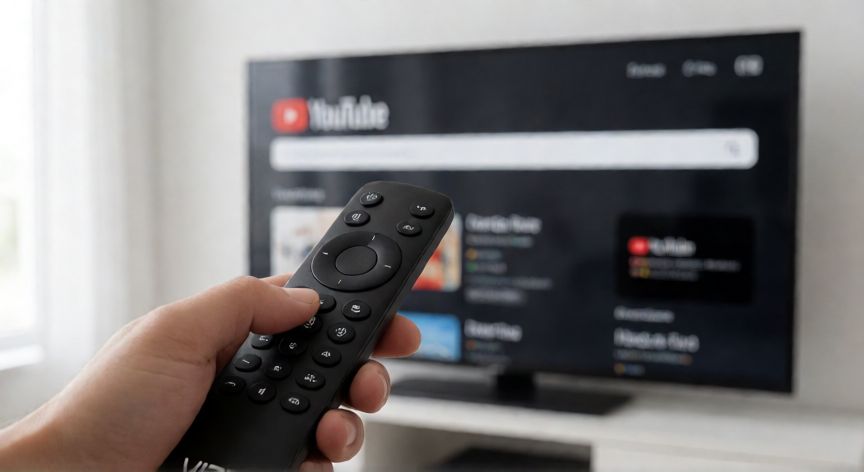 como encontrar youtube en la tv vizio, Mando a distancia Vizio con función de voz apuntando al televisor con YouTube abierto