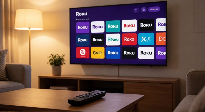 como encontrar youtube en roku, Televisor Roku en un salón mostrando la pantalla de inicio con la app de YouTube visible entre los canales instalados