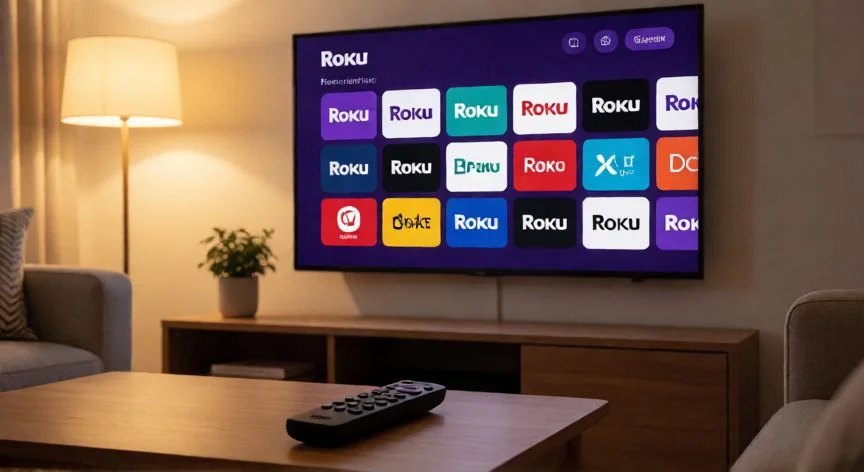 Televisor Roku en un salón mostrando la pantalla de inicio con la app de YouTube visible entre los canales instalados