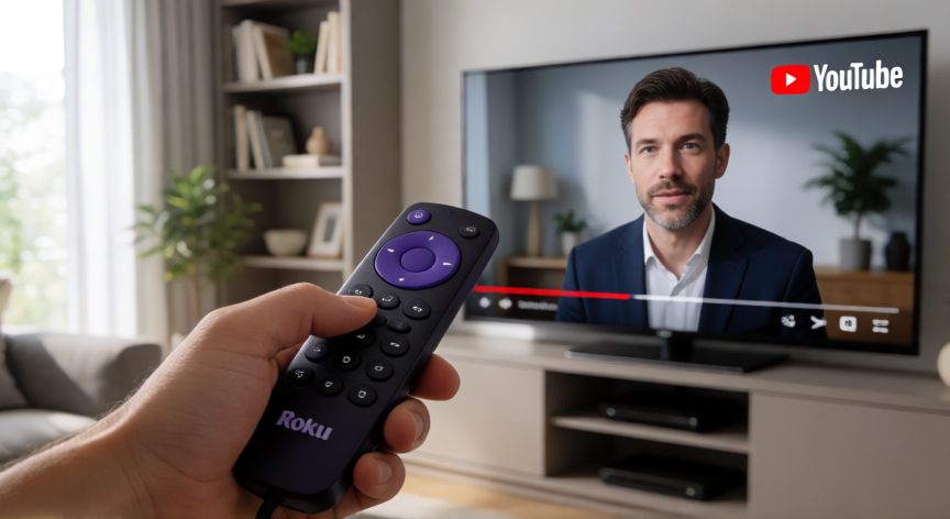como encontrar youtube en roku, Mano con el control de Roku apuntando a la televisión mientras se reproduce un video de YouTube