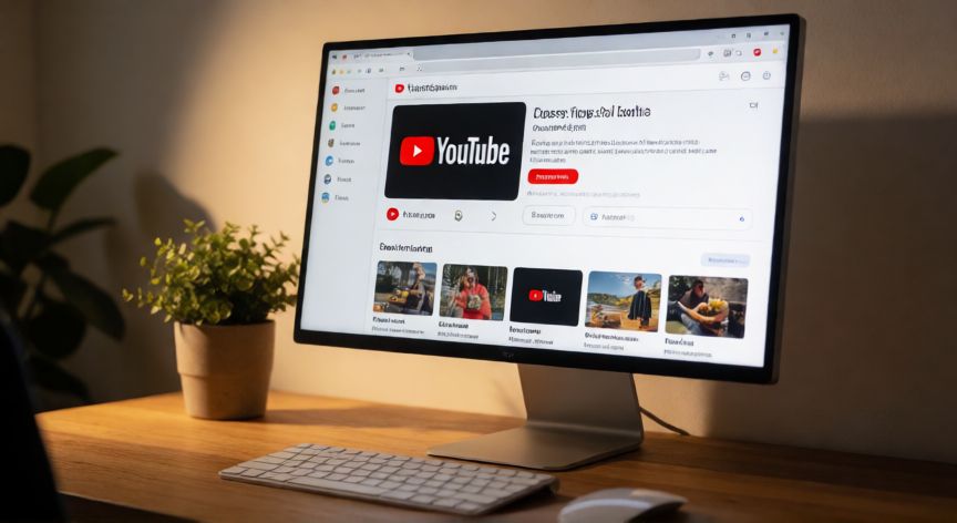 como encontrar youtube en una computadora, Pantalla de computadora mostrando la página de inicio de YouTube en un navegador web sobre un escritorio de madera