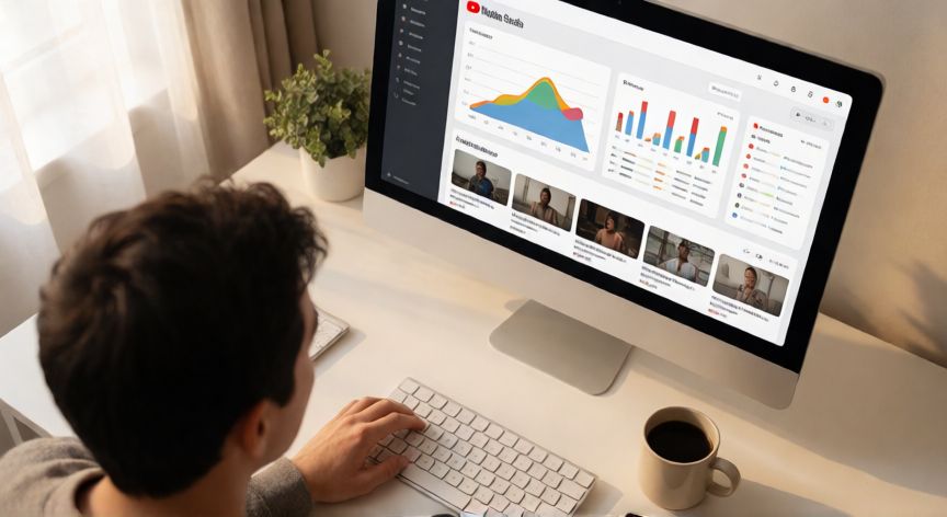 como encontrar youtube studio, Persona trabajando en el panel de YouTube Studio desde un ordenador de escritorio