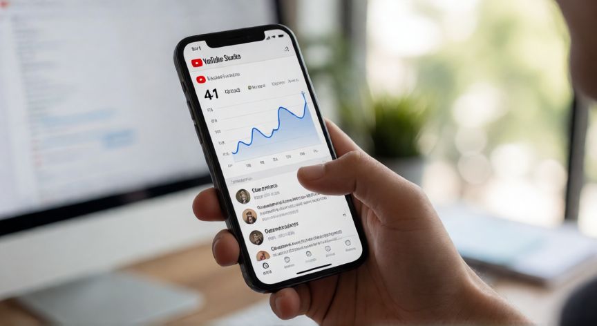 como encontrar youtube studio, Mano sosteniendo un móvil con la app de YouTube Studio mostrando analíticas