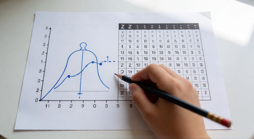 como encontrar z en la tabla de distribucion normal, Estudiante señalando un valor Z en la tabla de distribución normal con una campana de Gauss dibujada al lado