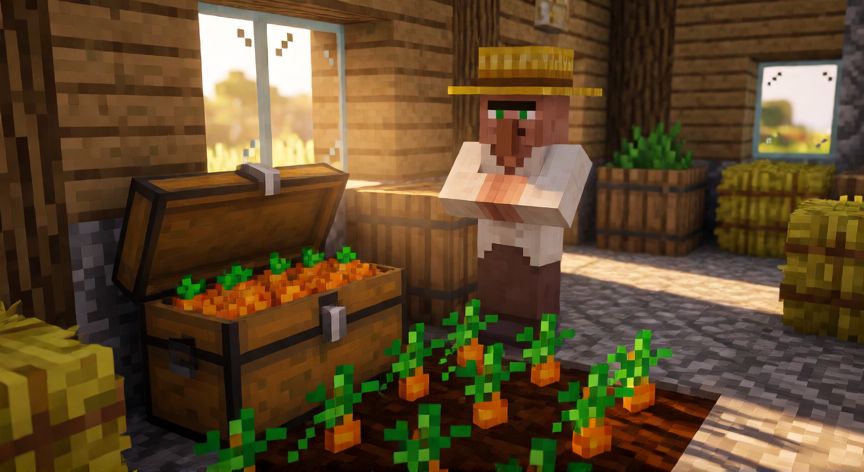 como encontrar zanahorias en minecraft, Cofre de un agricultor en una aldea de Minecraft lleno de zanahorias junto a parcelas de cultivo
