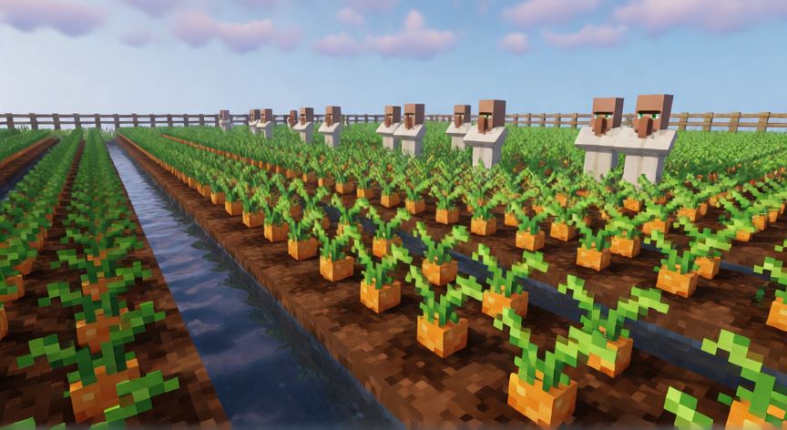 como encontrar zanahorias en minecraft, Granja automatizada de zanahorias en Minecraft con aldeanos agricultores y surcos llenos de zanahorias maduras