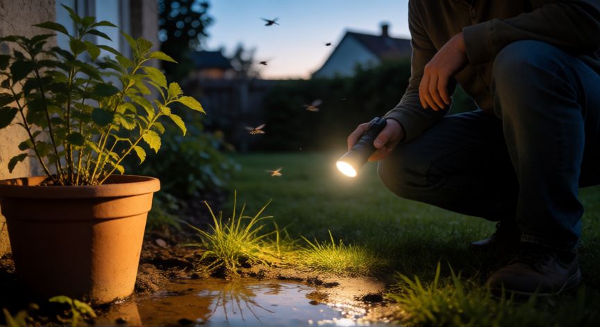 como encontrar zancudos, Persona buscando zancudos con linterna junto a un charco al atardecer en un jardín