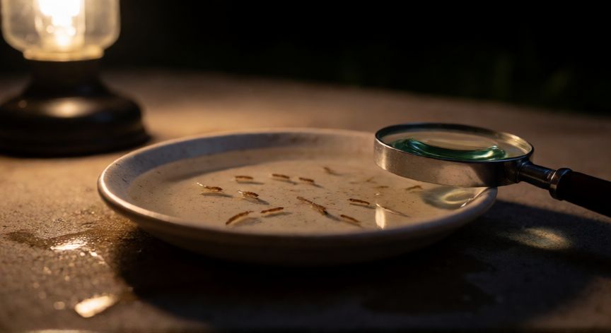 como encontrar zancudos, Larvas de zancudo visibles en un recipiente con agua observadas con lupa por la noche