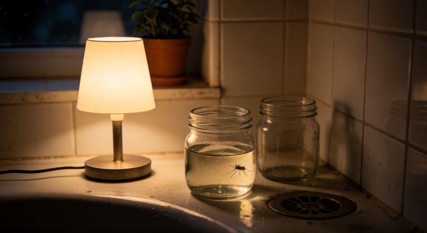 como encontrar zancudos en casa, Trampa casera con agua y jabón para detectar zancudos en la esquina del baño