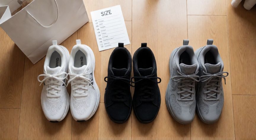 como encontrar zapatillas en hacoo, Vista cenital de tres pares de zapatillas junto a una guía de tallas