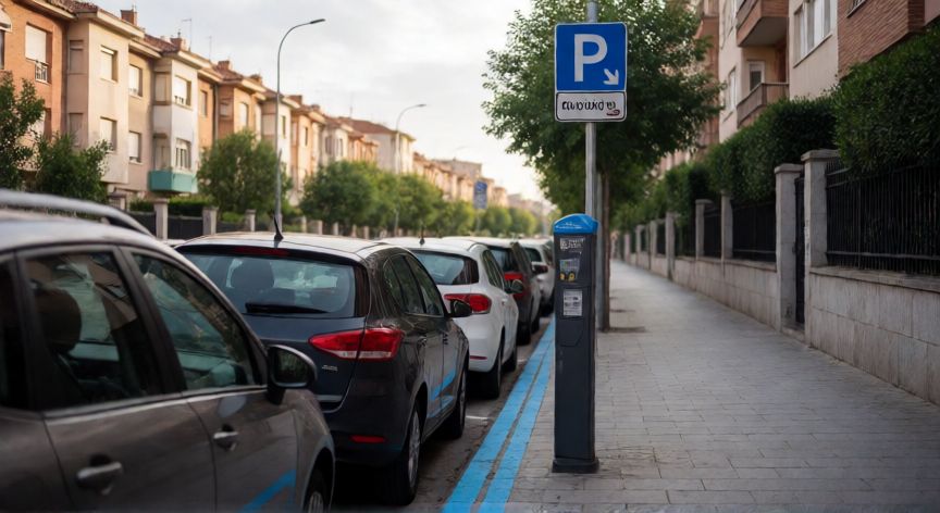 como encontrar zona azul en madrid, Zona azul de aparcamiento regulado en Madrid con línea azul en el bordillo y parquímetro en la acera