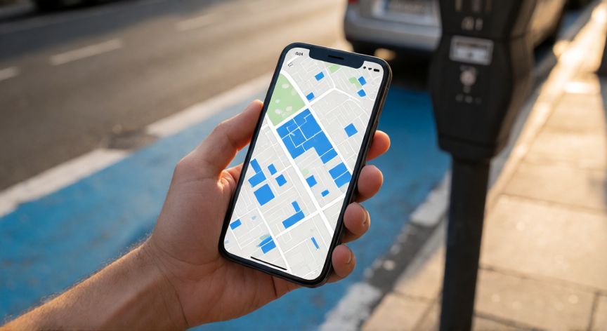 como encontrar zona azul en madrid, Persona usando la app MAD Mobility para localizar una zona azul libre en Madrid