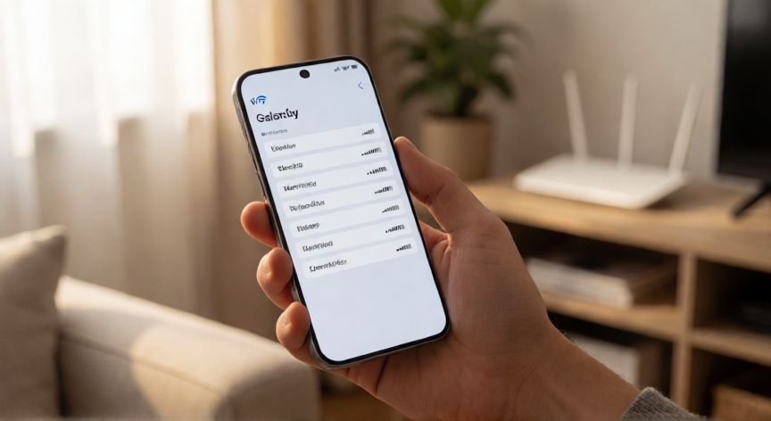 como encontrar zona wifi en samsung, Persona usando un Samsung para escanear redes WiFi disponibles en el menú de ajustes