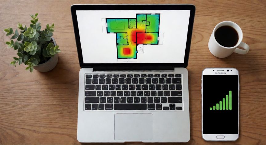 como encontrar zona wifi en samsung, Mapa de calor WiFi en una laptop junto a un Samsung mostrando cobertura por zonas