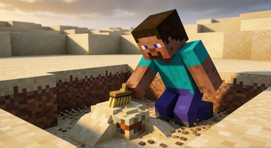 como encontrar zonas de arqueologia en minecraft, Jugador de Minecraft usando la brocha para excavar un sitio arqueológico en un bioma desértico