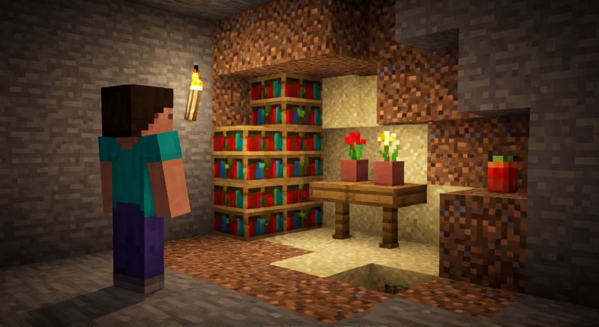 como encontrar zonas de arqueologia en minecraft, Vista interior de un sitio arqueológico parcialmente excavado bajo tierra en Minecraft con objetos decorativos visibles