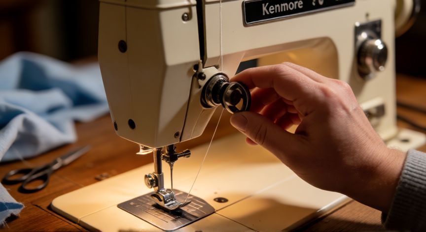 como enhebrar maquina coser kenmore, Girando la manivela de la Kenmore para verificar el bucle de hilo en la aguja
