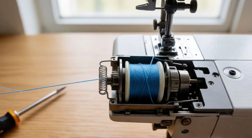 como enhebrar maquina de coser wertheim, Caja de bobina inferior de máquina Wertheim con el hilo de la canilla pasando por la tensión