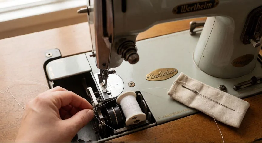 como enhebrar máquina de coser wertheim antigua, Compartimento de bobina inferior abierto de una máquina Wertheim antigua con la bobina encajada y el hilo pasando por la fricción