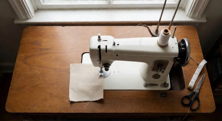 como enhebrar maquina de coser white, Vista superior de máquina de coser White sobre mesa de madera con telas y accesorios de costura