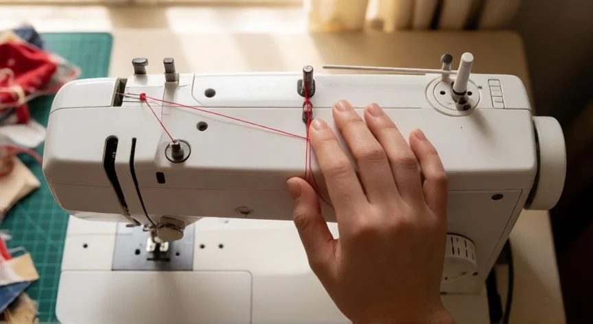 como enhebrar maquina de coser willpex, Manos enhebrando el hilo superior por los discos de tensión y la aguja de una máquina de coser Willpex blanca