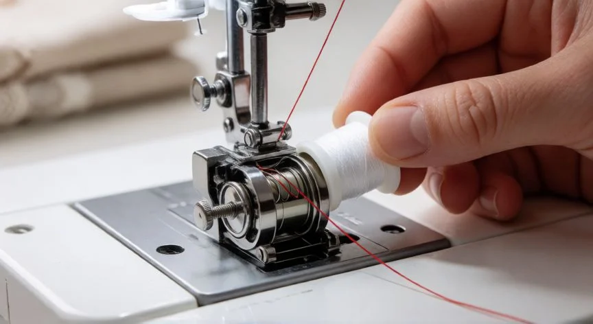 como enhebrar maquina de coser willpex, Detalle del enhebrado del carrete de bobina inferior con el muelle de tensión y la hendidura guía del hilo