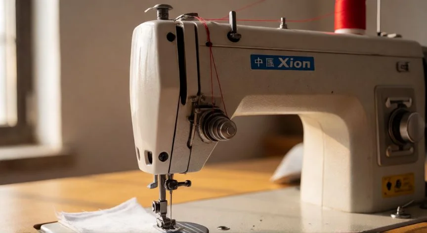 como enhebrar maquina de coser xion, Hilo rojo enhebrado en las guías y rodillas de tensión de una máquina de coser Xion