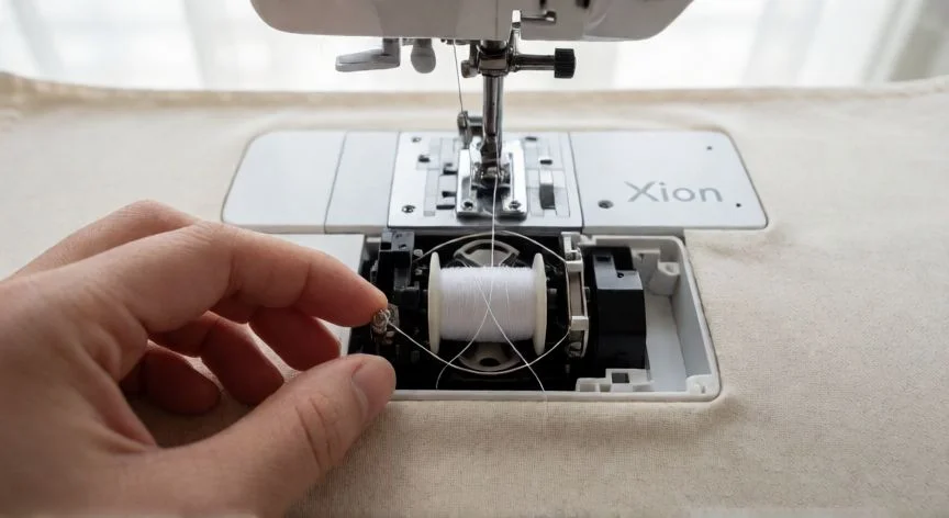 como enhebrar maquina de coser xion, Compartimento de la bobina inferior de una máquina Xion con el hilo enhebrado en la pestaña de tensión