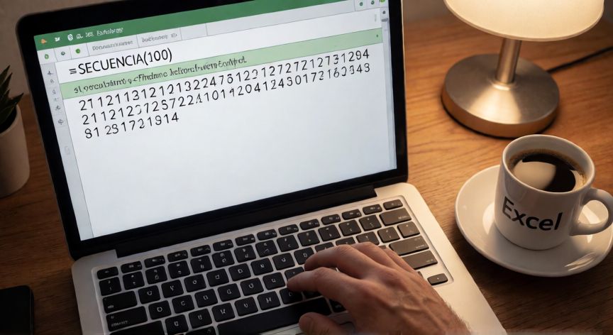 como enumerar en excel del 1 al 100, Persona escribiendo la fórmula SECUENCIA en Excel para generar una lista de 1 a 100